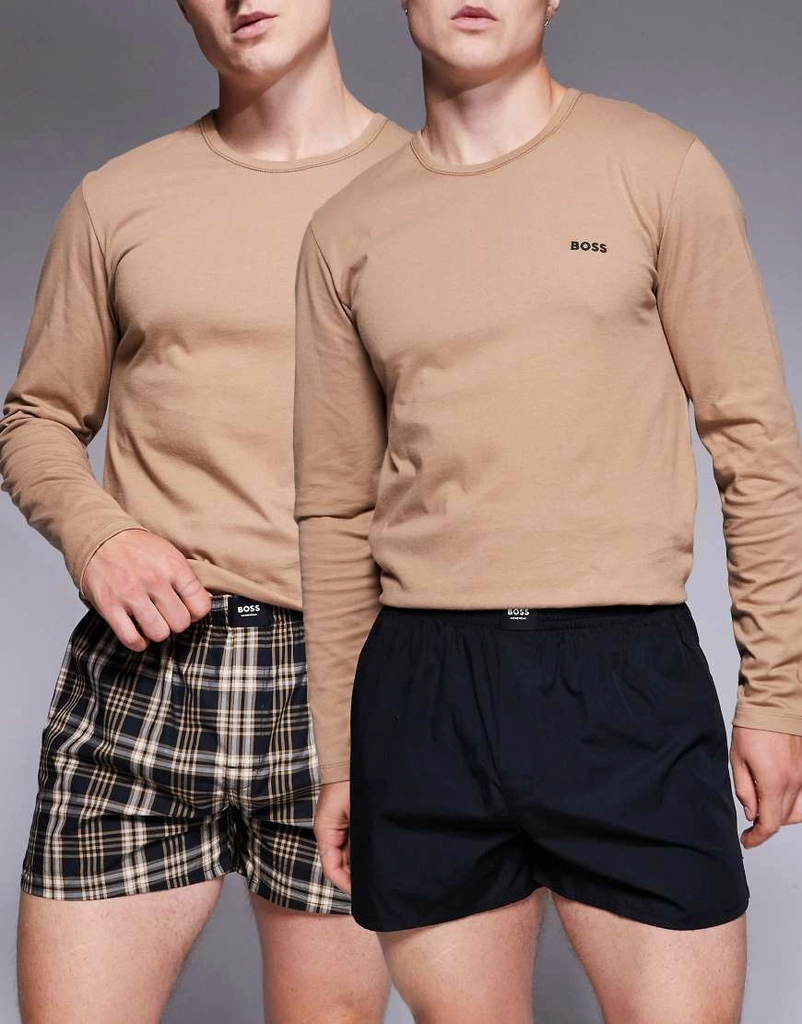 Boss Bodywear 2 pack check and plain peached finish woven boxers in black